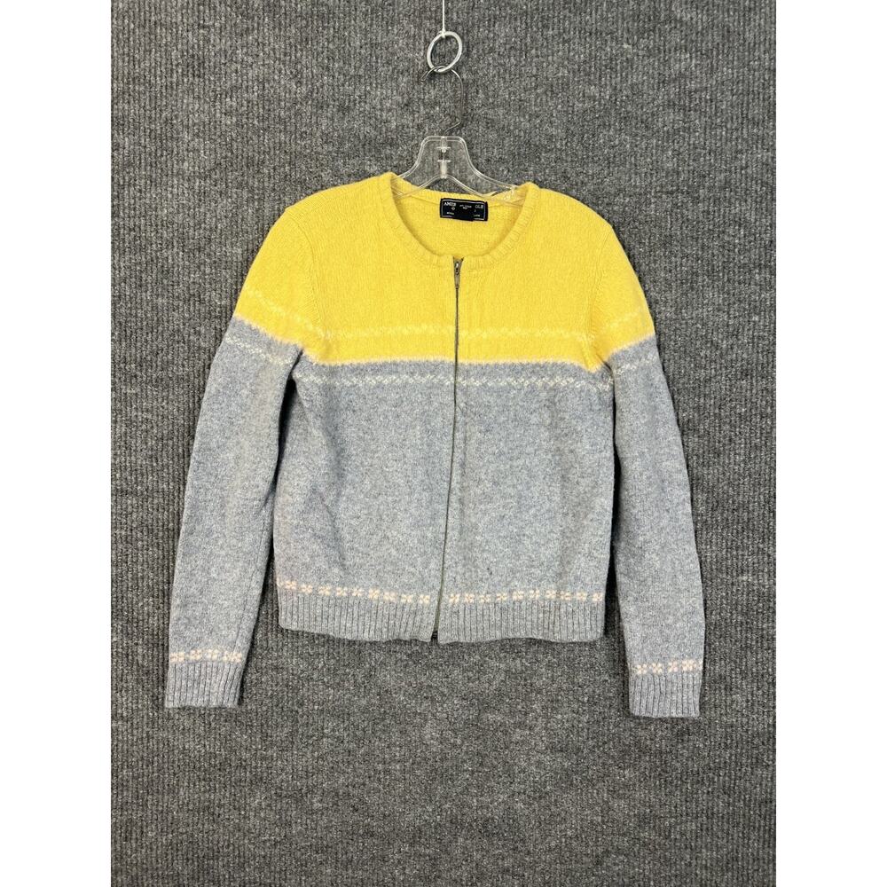Vintage American Sweater Womens Large Shetland Wool Zip Up Fair Isle Yellow Gray
